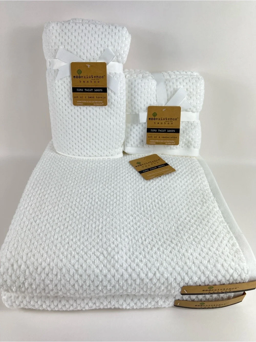 Ecoexistence Bamboo Bath Towel Set White Zero Twist Loops Soft Textured 8 Pc NEW